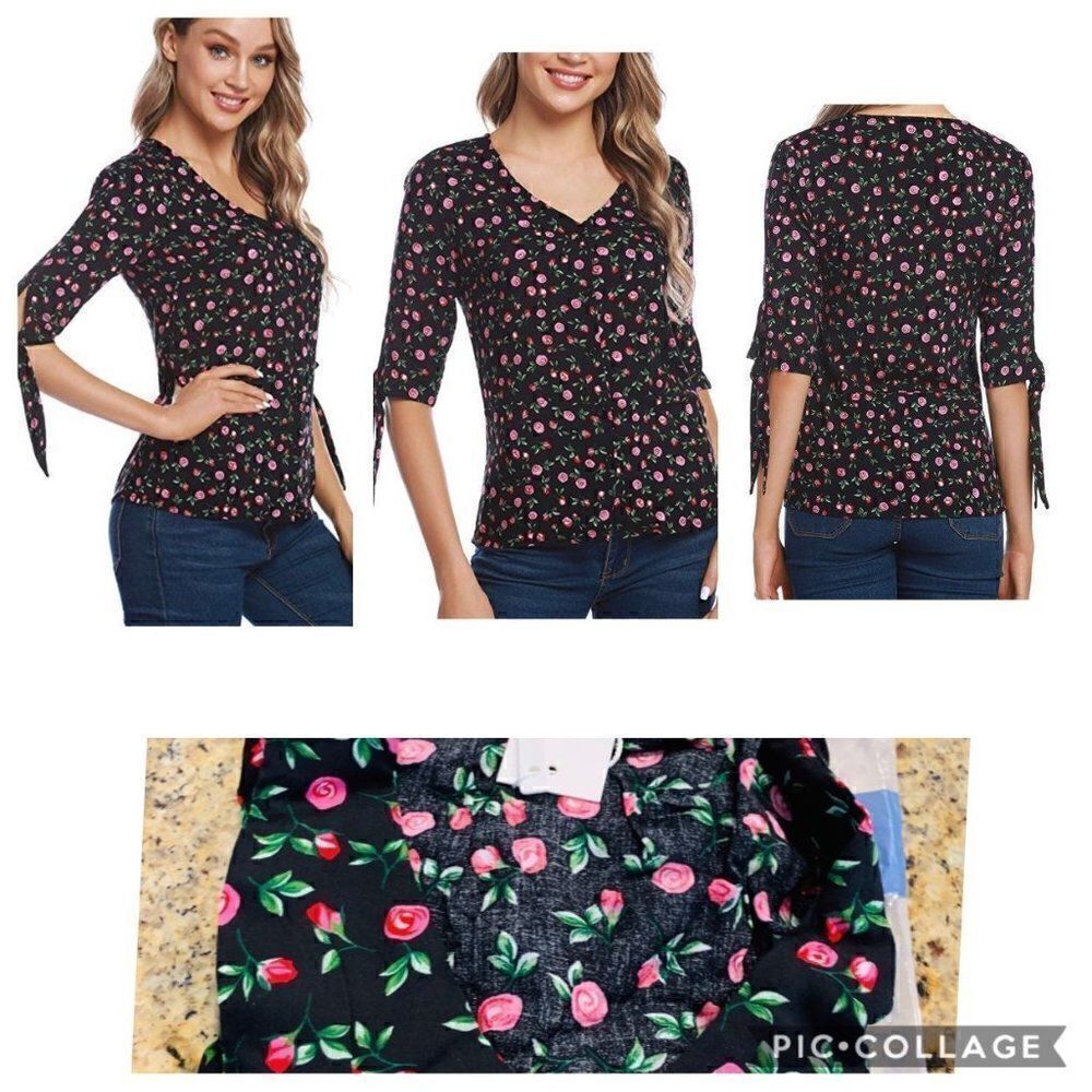 Womens Floral V Neck Button blouse top